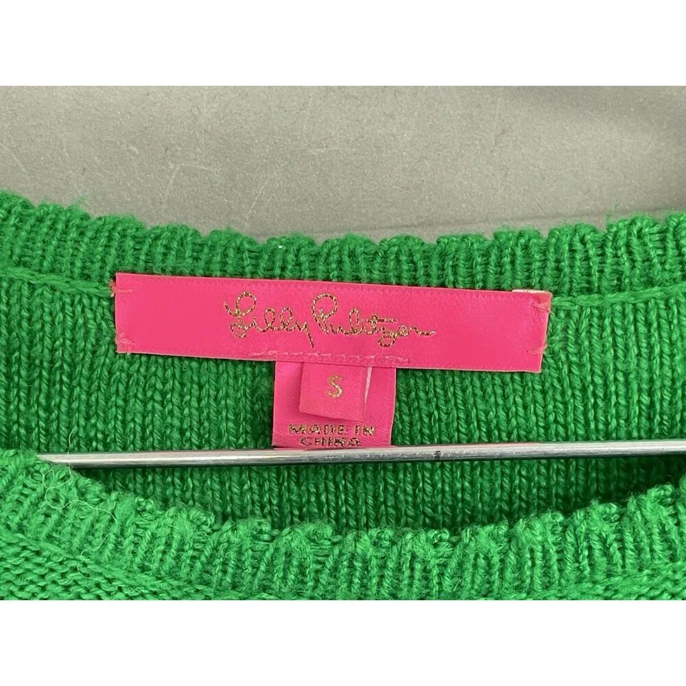 Lilly Pulitzer Women Small Sweater Kippa Dress Green Knit Pom Pom Puff Sleeve - Picture 5 of 7